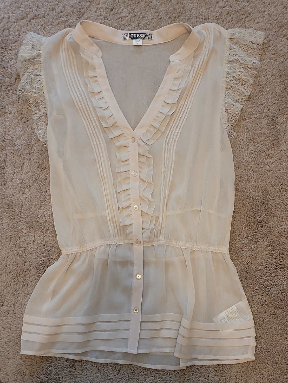GUESS Beige Lace-Trimmed Sheer Ruffle Blouse NWOT
